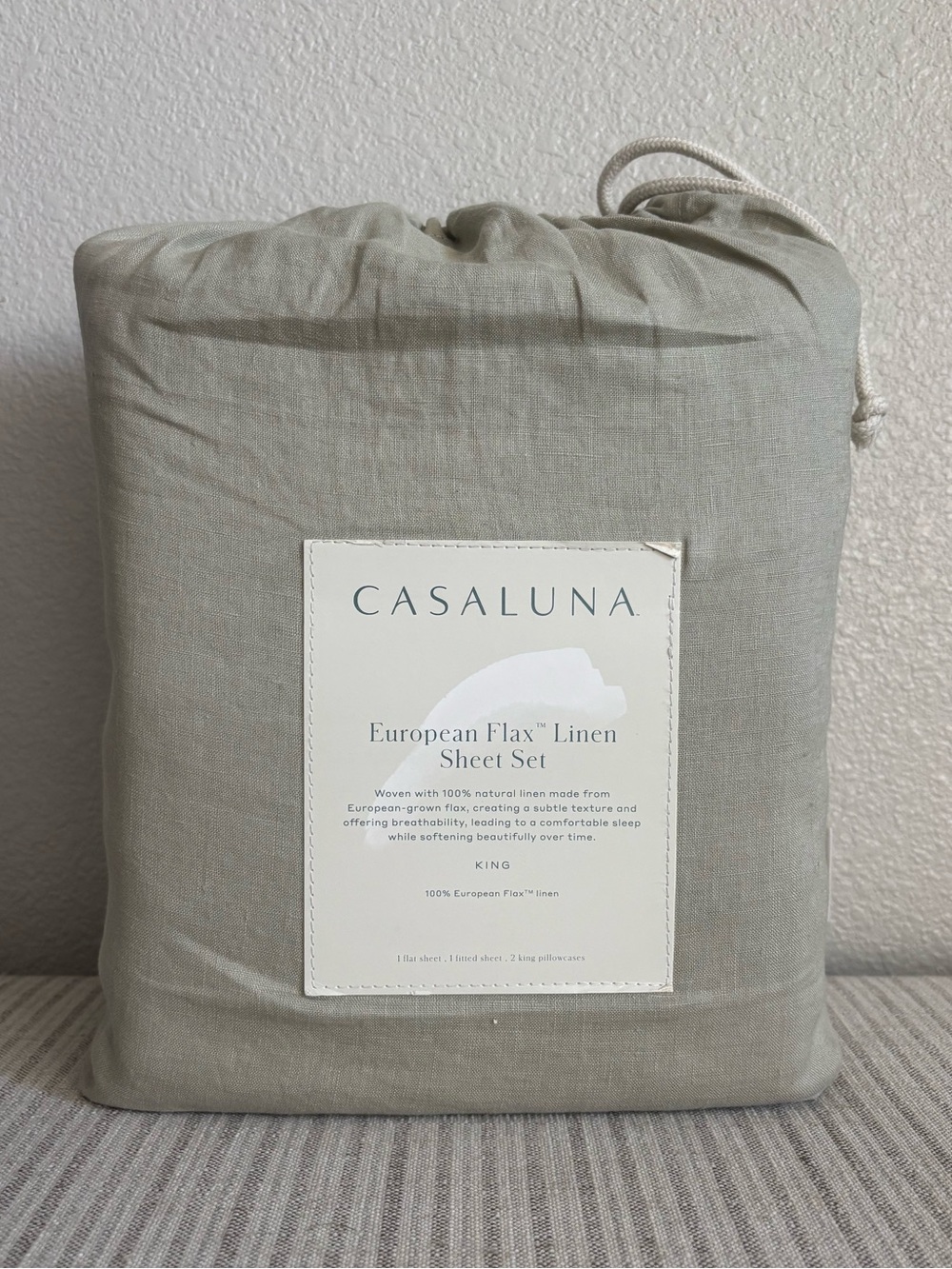 NWT King 100% Linen Sheet Set Light Olive Green - Casaluna